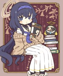 Rule 34 | 1girl, black socks, blue archive, blue eyes, blue hair, blue hairband, blue neckerchief, book, book stack, brown cardigan, cardigan, character doll, character name, chibi, commentary, frown, hair between eyes, hairband, hinata (blue archive), holding, holding book, invisible chair, light blush, long hair, looking at viewer, neckerchief, onyhakase, pleated skirt, raised eyebrows, sailor collar, sitting, skirt, sleeves past fingers, sleeves past wrists, slippers, socks, solo, ui (blue archive), very long hair, white sailor collar, white skirt