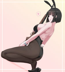 Rule 34 | 1girl, :p, absurdres, animal ears, ass, back, bad id, bad pixiv id, battle rifle, black eyes, black footwear, black hair, black leotard, black pantyhose, blunt bangs, blunt ends, blush, bob cut, breasts, commentary, dutch angle, fake animal ears, fake tail, from side, gun, heart, high heels, highres, holding, holding gun, holding weapon, kneeling, legs, leotard, looking at viewer, m14, medium breasts, name connection, nguyen tam lee, original, pantyhose, playboy bunny, rabbit ears, rabbit tail, rifle, short hair, solo, spoken heart, strapless, strapless leotard, tail, tongue, tongue out, weapon, wrist cuffs