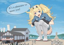 Rule 34 | 1girl, 6+boys, blonde hair, blue eyes, blue jacket, boots, breasts, day, gambier bay (kancolle), giant, giantess, hairband, jacket, kantai collection, large breasts, multiple boys, okubyouha55, outdoors, size difference, skirt, solo focus, squatting, thigh boots, twintails, two-tone hairband, white skirt