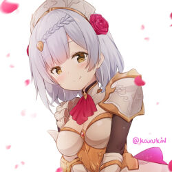Rule 34 | 1girl, armor, armored dress, black gloves, blush, braid, breasts, brown eyes, closed mouth, commentary, dress, elbow gloves, english commentary, flower, genshin impact, gloves, grey hair, hair flower, hair ornament, highres, kaxukin, looking at viewer, medium breasts, noelle (genshin impact), pauldrons, petals, purple flower, purple rose, rose, rose petals, shoulder armor, simple background, smile, solo, twitter username, upper body, white background, white dress
