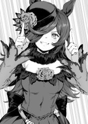 Rule 34 | 1girl, animal ears, bacius, breasts, covering navel, dress, flower, fur choker, greyscale, grin, hair over one eye, hat, hat flower, highres, horse ears, index fingers raised, long hair, long sleeves, looking at viewer, monochrome, off-shoulder dress, off shoulder, open mouth, rice shower (umamusume), rose, small breasts, smile, solo, teeth, umamusume, upper body, v-shaped eyebrows