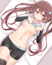 Rule 34 | 10s, 1girl, arm warmers, asagumo (kancolle), bare shoulders, bike shorts, black thighhighs, bow, breasts, brown eyes, brown hair, cameltoe, clothes lift, groin, hair bow, jiino, kantai collection, long hair, looking at viewer, lying, navel, nipples, no bra, on back, panties, shirt lift, small breasts, solo, striped clothes, striped panties, thighhighs, twintails, underwear