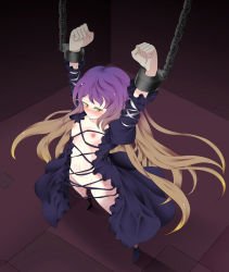 Rule 34 | 1girl, arms up, bdsm, blush, bondage, bound, bound wrists, cuffs, dress, female focus, flat chest, foreshortening, gradient hair, groin, gyo, hijiri byakuren, long hair, multicolored hair, navel, nipples, no bra, no panties, restrained, shackled, shackles, solo, tears, touhou, yellow eyes