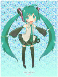 Rule 34 | 1girl, ahoge, artist name, boots, character name, chibi, copyright name, detached sleeves, green eyes, green hair, hatsune miku, headset, kowiru, long hair, matching hair/eyes, necktie, open mouth, skirt, sleeves past wrists, solo, spring onion, thigh boots, thighhighs, twintails, very long hair, vocaloid