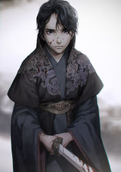 Rule 34 | 1boy, absurdres, black hair, blood, blood on face, bloody weapon, blue eyes, character request, chinese clothes, copyright request, eyebrows hidden by hair, highres, holding, holding sword, holding weapon, looking at viewer, male focus, mosako, own hands together, solo, sword, weapon, wide sleeves