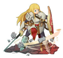 Rule 34 | absurdres, armor, armored boots, armored gloves, blonde hair, blue eyes, boots, etrian odyssey, full body, gloves, highres, holding, holding shield, holding sword, holding weapon, long hair, looking to the side, paladin (sekaiju), paladin 2 (sekaiju), pantyhose, rock, sekaiju no meikyuu, sekaiju no meikyuu 1, shield, solo, supergamefreako, sword, weapon, white background