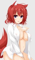 Rule 34 | 1girl, ahoge, amairo islenauts, animal ears, bad id, bad pixiv id, blue eyes, blush, breasts, covered erect nipples, cum, cum in mouth, cum on body, cum on breasts, cum on hands, cum on lower body, cum on tongue, cum on upper body, dog ears, dog tail, hair ornament, hairclip, highres, kyouno komatsu, large breasts, looking at viewer, masaki gaillard, naked shirt, red hair, shirt, short hair, solo, tail, tongue, tongue out, x hair ornament