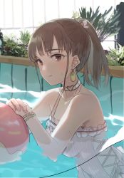Rule 34 | 1girl, :q, ball, brown eyes, brown hair, character request, choker, earrings, frilled swimsuit, frills, heart, highres, idolmaster, idolmaster shiny colors, jewelry, mxwbr, nail polish, plant, ponytail, pool, solo, sweat, swimsuit, tongue, tongue out, water