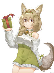 Rule 34 | 1girl, absurdres, animal ear fluff, animal ears, arknights, bare shoulders, beanstalk (arknights), beanstalk (gift uncompleted) (arknights), bell, box, braid, brown hair, closed mouth, collarbone, commentary request, dress, frilled dress, frills, gift, gift box, green dress, green hairband, hair between eyes, hair intakes, hair ornament, hair over shoulder, hairband, hairclip, hand up, highres, holding, holding gift, long hair, off shoulder, official alternate costume, pota douzhi, red eyes, simple background, single braid, smile, solo, sweater, tail, twitter username, white background, white sweater