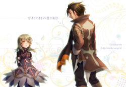 Rule 34 | 1boy, 1girl, alvin (tales), blonde hair, brown eyes, brown hair, coat, ascot, cropped jacket, dress, elize lutus, hand in pocket, height difference, jewelry, koneri (toyotarou), long hair, pants, pendant, purple dress, smile, tales of (series), tales of xillia, translation request, white background, yellow eyes