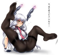Rule 34 | 10s, 1girl, ass, between breasts, black pantyhose, blush, breasts, cameltoe, crotch seam, dress, feet, female focus, flying sweatdrops, full body, gloves, hair ornament, kantai collection, large breasts, legs, legs up, machinery, murakumo (kancolle), murakumo kai ni (kancolle), necktie, necktie between breasts, no panties, no shoes, pantyhose, red necktie, see-through, short sleeves, silver hair, sitting, solo, spread legs, thighband pantyhose, translation request, white dress, yaruku, yellow eyes