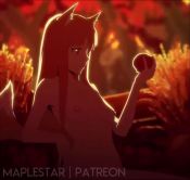 Rule 34 | 1girl, animal ears, animated, apple, breasts, brown hair, eating, fang, food, fruit, holo, long hair, looking at viewer, lowres, maplestar, nipples, nude, outdoors, red eyes, skin fang, small breasts, smile, solo, sound, spice and wolf, sunset, tagme, tail, video, wolf ears, wolf tail