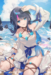 Rule 34 | 1girl, arm up, bare shoulders, beach, black hair, blue ribbon, blue sky, blush, breasts, collarbone, day, detached leggings, dress, fate/grand order, fate/requiem, fate (series), highres, large breasts, long sleeves, looking at viewer, lucidsky, magatama, magatama hair ornament, medium breasts, medium hair, multicolored hair, ocean, outdoors, parted lips, pelvic curtain, pink hair, puffy long sleeves, puffy sleeves, ribbon, sandals, seigaiha, short dress, sideboob, sideless outfit, sitting, sky, smile, solo, streaked hair, thighs, utsumi erice, wariza, white dress