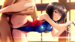 Rule 34 | 1boy, 1girl, arm support, black hair, blush, grabbing another&#039;s breast, breasts, brown eyes, censored, clothing aside, competition swimsuit, covered erect nipples, covered navel, game cg, grabbing, guilty, hetero, ikoma yui, indoors, leg hold, leg up, mosaic censoring, one-piece swimsuit, one eye closed, pussy, pussy juice, rape, sex, short hair, spread legs, standing, sunset, swimsuit, swimsuit aside, toriko no (series), toriko no kusari, vaginal, wince