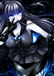 Rule 34 | 10s, 1girl, abyssal ship, aqua eyes, bad id, bad pixiv id, black hair, breasts, cleavage, double bun, female focus, glowing, glowing eyes, grin, hair bun, juurouta, kantai collection, large breasts, light cruiser oni, long hair, simple background, smile, solo