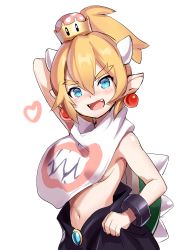 Rule 34 | 1girl, :d, akamoku, bad id, bad pixiv id, black skirt, blonde hair, blush, bowsette jr., breasts, commentary request, crown, earrings, fangs, hair between eyes, head tilt, heart, highres, jewelry, looking at viewer, mario (series), mini crown, navel, new super mario bros. u deluxe, nintendo, open mouth, pointy ears, simple background, skirt, small breasts, smile, solo, spiked shell, super crown, topless, turtle shell, white background