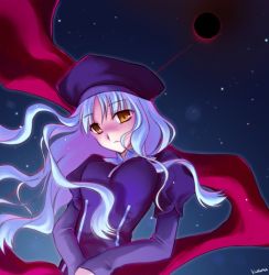 Rule 34 | 00s, 1girl, brown eyes, cape, caren hortensia, dress, expressionless, fate/hollow ataraxia, fate/stay night, fate (series), hat, layered sleeves, long hair, long sleeves, looking at viewer, night, night sky, own hands together, purple dress, silver hair, sky, solo, star (sky), starry sky, upper body, v arms