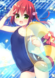 Rule 34 | 1girl, :d, arm up, bangle, bare arms, bare shoulders, blue hair, blue one-piece swimsuit, blue sky, blush, bow, bracelet, breasts, cloud, cloudy sky, collarbone, day, diagonal stripes, dutch angle, fang, gradient hair, green eyes, hair between eyes, hair bobbles, hair ornament, hanamiya natsuka, holding, holding swim ring, horizon, innertube, jewelry, long hair, looking at viewer, multicolored hair, ocean, old school swimsuit, one-piece swimsuit, open mouth, original, outdoors, red bow, red hair, red ribbon, ribbon, school swimsuit, side ponytail, sky, small breasts, smile, solo, strap slip, striped, swim ring, swimsuit, transparent, water, yellow innertube