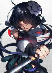 Rule 34 | 1girl, black hair, bridal gauntlets, commentary request, eyepatch, unworn eyepatch, fate/grand order, fate (series), glowing, glowing eye, hair over one eye, highres, katana, low twintails, mochizuki chiyome (fate), red eyes, reverse grip, rope, shimenawa, sword, twintails, wasa (wanosabi), weapon