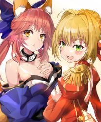 Rule 34 | 2girls, absurdres, animal ear fluff, animal ears, bare shoulders, blonde hair, blush, bow, breast press, breasts, brown hair, dress, earrings, fang, fate/extra, fate (series), fox ears, fox girl, gloves, green eyes, hair bow, highres, japanese clothes, jewelry, kimono, long hair, looking at viewer, medium breasts, multiple girls, nero claudius (fate), nero claudius (fate) (all), nero claudius (fate/extra), open mouth, pink hair, red dress, same (sendai623), smile, tamamo (fate), tamamo no mae (fate/extra), wide sleeves