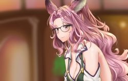 Rule 34 | 1girl, animal ears, backless outfit, bare shoulders, blurry, blurry background, braco, breasts, catherine (granblue fantasy), cleavage, detached sleeves, erune, glasses, granblue fantasy, highres, light smile, long hair, looking at viewer, pink eyes, pink hair, solo, upper body