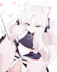 Rule 34 | 1girl, ahoge, animal ears, bare shoulders, black ribbon, blue archive, breasts, cherry blossoms, commentary request, crop top, eyeshadow, falling petals, fox ears, fox girl, fox tail, grey eyes, grin, hair ribbon, halo, head tilt, highres, hikimayu, kiseru, kuzunoha (blue archive), limited palette, long hair, looking at viewer, makeup, narrowed eyes, navel, off shoulder, pale skin, parted bangs, petals, pink hair, red eyeshadow, ribbon, small breasts, smile, smoking pipe, solo, stomach, tail, two side up, very long hair, zuyosh
