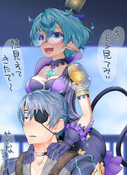 Rule 34 | 1boy, 1girl, :d, black choker, blue eyes, blue sky, blurry, blurry background, bra, breasts, chest jewel, choker, cleavage, coat, core crystal (xenoblade), eyepatch, glasses, gloves, green eyes, green hair, grey coat, grey hair, highres, jacket, medium breasts, natto soup, open mouth, pandoria (xenoblade), pointy ears, purple bra, purple gloves, purple jacket, purple shorts, short hair, shorts, sky, smile, tail, underwear, upper body, xenoblade chronicles (series), xenoblade chronicles 2, zeke von genbu (xenoblade)