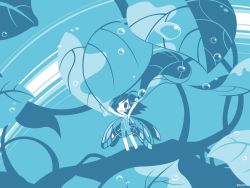 Rule 34 | 1girl, aqua theme, blue theme, bubble, commentary request, holding, holding leaf, leaf, looking away, open mouth, original, shinonoko, short hair, smile, solo, standing, tagme