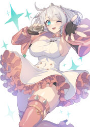 Rule 34 | 1girl, ahoge, aqua eyes, armpits, black gloves, blush, boots, bracelet, breasts, clover, collar, dress, elphelt valentine, fingerless gloves, four-leaf clover, frilled dress, frills, gloves, guilty gear, guilty gear strive, hairband, holding, holding microphone, huge ahoge, jacket, jewelry, koikawa minoru, large breasts, long sleeves, looking at viewer, microphone, one eye closed, open mouth, pink dress, pink footwear, pink hairband, pink jacket, short hair, sideboob, skull print, smile, spiked bracelet, spiked collar, spiked hairband, spikes, thigh boots, two-tone dress, white dress, white hair