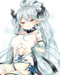 Rule 34 | 1girl, bare shoulders, blue flower, blue rose, blush, breasts, collarbone, commentary request, draph, flower, granblue fantasy, hair between eyes, hair flower, hair ornament, highres, horns, izmir, izmir (summer) (granblue fantasy), large breasts, long hair, looking at viewer, mole, mole under mouth, navel, pointy ears, red eyes, rose, silver hair, simple background, snowflake hair ornament, solo, swimsuit, underboob, white background, yuzuki gao