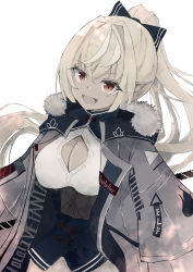 Rule 34 | 1girl, absurdres, blonde hair, bow, breasts, cleavage, cleavage cutout, clothing cutout, dark-skinned female, dark skin, elf, fur-trimmed jacket, fur trim, hair between eyes, hair bow, highres, hololive, inaba reito, jacket, large breasts, long hair, looking at viewer, open clothes, open jacket, open mouth, pointy ears, ponytail, red eyes, shiranui flare, shiranui flare (old design), sidelocks, simple background, solo, virtual youtuber, white background, white jacket