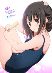 Rule 34 | 1girl, :o, arm up, artist name, bare arms, bare legs, bare shoulders, black hair, black one-piece swimsuit, blush, body blush, breasts, brown eyes, chijou noko, chikanoko, copyright name, dated, eyebrows, food, from side, hand on own head, holding, holding food, leaning back, legs up, looking at viewer, medium breasts, melting, old school swimsuit, one-piece swimsuit, open mouth, original, popsicle, ragho no erika, revision, school swimsuit, short hair, signature, simple background, sitting, skin tight, solo, swimsuit, tareme, white background