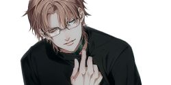 Rule 34 | 1boy, bad id, bad pixiv id, black-framed eyewear, black choker, black shirt, brown hair, choker, clothes pull, commentary request, glasses, green eyes, hand up, kiki (re 6xxx), looking at viewer, male focus, meitantei conan, okiya subaru, one eye closed, parted bangs, parted lips, pulled by self, shirt, shirt pull, short hair, simple background, solo, upper body, white background