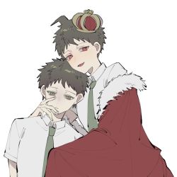 Rule 34 | 2boys, ahoge, alternate costume, brown eyes, brown hair, collared shirt, crown, danganronpa (series), danganronpa 2: goodbye despair, dual persona, fur trim, green neckwear, grey background, hand on another&#039;s shoulder, hand up, hinata hajime, ling (rin drkmh), looking at viewer, male focus, multiple boys, necktie, off shoulder, open mouth, red eyes, royal robe, sad, shirt, short hair, simple background, upper body, white background