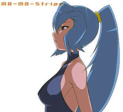 Rule 34 | 00s, 1girl, bare shoulders, blue eyes, blue hair, breasts, clair (pokemon), creatures (company), game freak, gym leader, halterneck, high ponytail, large breasts, long hair, lowres, matching hair/eyes, mo-mo, nintendo, pokemon, pokemon gsc, profile, sideboob, solo, unitardrnpokemon gsc