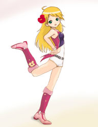 Rule 34 | 00s, 1girl, :d, ahoge, bare shoulders, belt, blonde hair, blush, boots, bracelet, buckle, cool &amp; sexy (idolmaster), flower, full body, hair flower, hair ornament, hands on own hips, hibiscus, hoshii miki, idolmaster, idolmaster (classic), idolmaster 1, jewelry, knee boots, leg up, long hair, looking at viewer, open mouth, red footwear, simple background, smile, solo, standing, standing on one leg, white background, yuuichi (tareme paradise)