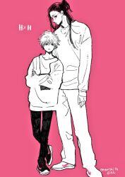 Rule 34 | 2boys, artist name, bespectacled, brothers, child, copyright name, crossed arms, full body, glasses, hair bun, hair over one eye, half updo, height difference, hunter x hunter, illumi zoldyck, killua zoldyck, leaning on person, leaning to the side, long hair, long sleeves, looking at viewer, male focus, monochrome, morisita suu, multiple boys, pants, pink background, profile, shoes, short hair, siblings, sideways glance, simple background, single hair bun, sketch, sneakers, standing