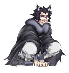 Rule 34 | 1boy, akatsuki akira, all fours, animal ears, black sclera, cape, colored sclera, dog ears, full body, fur trim, green eyes, highres, juuni taisen, male focus, official art, open mouth, sharp teeth, simple background, solo, teeth, tongue, tongue out, tsukui michio, white background, wristband