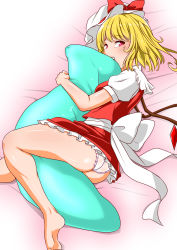 Rule 34 | 1girl, ass, bad anatomy, barefoot, bed sheet, blonde hair, blush, breasts, covered mouth, feet, flandre scarlet, hat, highres, looking at viewer, looking to the side, lying, hugging object, on side, panties, pillow, pillow hug, red eyes, ribbon, shiny skin, shiraue yuu, short hair, skirt, small breasts, solo, touhou, underwear, upskirt, white panties, wings