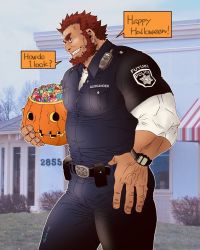 Rule 34 | 1boy, alternate costume, bara, beard, blue pants, bulge, candy, english text, facial hair, fate/grand order, fate/zero, fate (series), food, halloween costume, happy halloween, iskandar (fate), jack-o&#039;-lantern, large pectorals, male focus, mature male, muscular, muscular male, old, old man, pants, pectorals, police, police uniform, red eyes, red hair, shirt, short hair, smile, solo, thick thighs, thighs, tight clothes, tight pants, tight shirt, tsukasa matsuzaki, uniform, veins, watch, wristwatch