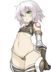 Rule 34 | 1girl, absurdres, armor, arms behind back, bandaged arm, bandages, bare shoulders, black gloves, black panties, black thighhighs, breasts, bright pupils, buckle, cameltoe, covered erect nipples, crop top, curvy, fate/apocrypha, fate (series), faulds, female focus, gloves, green eyes, grey hair, highres, jack the ripper (fate/apocrypha), looking at viewer, looking down, nada haruka, panties, scar, scar across eye, scar on face, shiny skin, short hair, shoulder tattoo, simple background, small breasts, solo, standing, tareme, tattoo, thighhighs, thong, underwear, white background