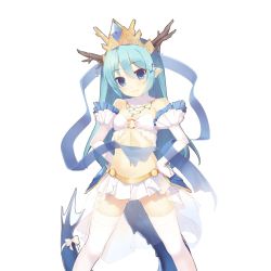 Rule 34 | 1girl, :3, antlers, bare shoulders, blue eyes, blue hair, bow, breasts, detached collar, dragon, dragon horns, dragon tail, eastern dragon, elbow gloves, garter straps, gloves, horns, long hair, matching hair/eyes, microskirt, midriff, navel, nekomu, o-ring, o-ring top, pleated skirt, pointy ears, simple background, skirt, small breasts, solo, tail, tail bow, tail ornament, thighhighs, uchi no hime-sama ga ichiban kawaii, white background, white gloves, white thighhighs