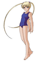 Rule 34 | 00s, 1girl, arms behind back, artist request, barefoot, blonde hair, blue eyes, blue one-piece swimsuit, gunslinger girl, hair ornament, hair ribbon, legs, light smile, long hair, looking at viewer, one-piece swimsuit, ribbon, school swimsuit, simple background, solo, standing, swimsuit, triela, twintails, very long hair, white background