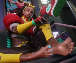 Rule 34 | 1girl, 3d, absurdres, barefoot, black hair, blender, blue hair, braid, brown eyes, cameltoe, capcom, dark-skinned female, dark skin, feet, feet together, feet up, foot focus, headband, highres, kimberly jackson, legs apart, looking away, midriff, nail polish, outdoors, public indecency, scarf, shoes, sitting, sitting on chair, sneakers, soles, solo, spray can, street fighter, street fighter 6, subway, syclops, tights, toes, train