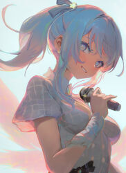 Rule 34 | 1girl, absurdres, black bow, blush, bow, breasts, commentary, detached sleeves, ear piercing, english commentary, grey eyes, grey hair, grey ribbon, grey shirt, grey sleeves, grin, hair ribbon, hand up, highres, holding, holding microphone, hololive, hoshimachi suisei, koko sasuwo, looking at viewer, looking to the side, medium breasts, medium hair, microphone, mixed-language commentary, piercing, ponytail, ribbon, shirt, short sleeves, sidelocks, smile, solo, star (symbol), star in eye, symbol in eye, upper body, virtual youtuber