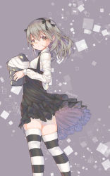 Rule 34 | 1girl, bandages, black bow, black bowtie, black ribbon, black skirt, black thighhighs, boko (girls und panzer), bow, bowtie, brown eyes, casual, closed mouth, collared shirt, commentary, from side, german commentary, girls und panzer, grey background, hair ribbon, high-waist skirt, highres, holding, holding stuffed toy, layered skirt, light brown hair, long hair, long sleeves, looking at viewer, looking back, millet (milletneko), miniskirt, one side up, ribbon, shimada arisu, shirt, skirt, solo, standing, striped clothes, striped thighhighs, stuffed animal, stuffed toy, suspender skirt, suspenders, teddy bear, thighhighs, twintails, white shirt, wind, wind lift