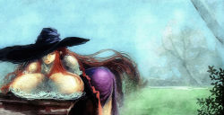 Rule 34 | 1girl, ass, breast rest, breasts, curvy, dragon&#039;s crown, female focus, gigantic breasts, hat, huge breasts, long hair, nature, outdoors, paint, painting (action), plant, red hair, sky, solo, witch, sorceress (dragon&#039;s crown), top-down bottom-up, traditional media, vanillaware