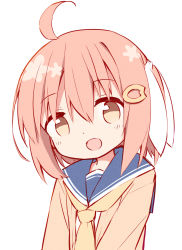 Rule 34 | 1girl, :d, ahoge, ayanepuna, blue sailor collar, blush, brown eyes, brown jacket, hair between eyes, hair ornament, hair ribbon, hairclip, head tilt, jacket, looking at viewer, neckerchief, one side up, open clothes, open jacket, open mouth, original, pink hair, ribbon, sailor collar, school uniform, serafuku, shirt, simple background, smile, solo, upper body, white background, white ribbon, white shirt, yellow neckerchief, yune (ayanepuna)