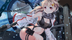 Rule 34 | 1girl, alternate costume, arknights, bare shoulders, black ribbon, black shirt, black shorts, blonde hair, blouse, breasts, cleavage, closed mouth, cosplay, crop top, detached sleeves, gun, hair flaps, hair ornament, hairclip, happy, holding, holding weapon, kantai collection, large breasts, long hair, looking at viewer, navel, ponytail, red eyes, ribbon, scarf, schwarz (arknights), schwarz (arknights) (cosplay), see-through, see-through sleeves, shirt, shorts, sleeveless, sleeveless shirt, smile, solo, stomach, thighs, weapon, yasume yukito, yuudachi (kancolle)