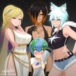 Rule 34 | 1boy, 3girls, age difference, andromeda, animal ears, assertive female, bare shoulders, black hair, black sclera, blackhole-chan, blonde hair, blue hair, blush, breasts, colored sclera, cslucaris, dark skin, dog ears, earth-chan, embarrassed, fingerless gloves, gender request, genderswap, gloves, green hair, grin, hair ornament, hair over one eye, hands on own cheeks, hands on own face, hands on own hips, holding, large breasts, licking lips, light blue hair, looking down, m87 black hole, mature female, midriff, miniskirt, multicolored hair, multiple girls, nasa logo, naughty face, navel, one eye covered, orange hair, original, parted lips, personification, sexually suggestive, shirt, short hair, sirius, size difference, skirt, sleeveless, sleeveless shirt, smile, space, telescope, tongue, tongue out, white shirt, you gonna get raped